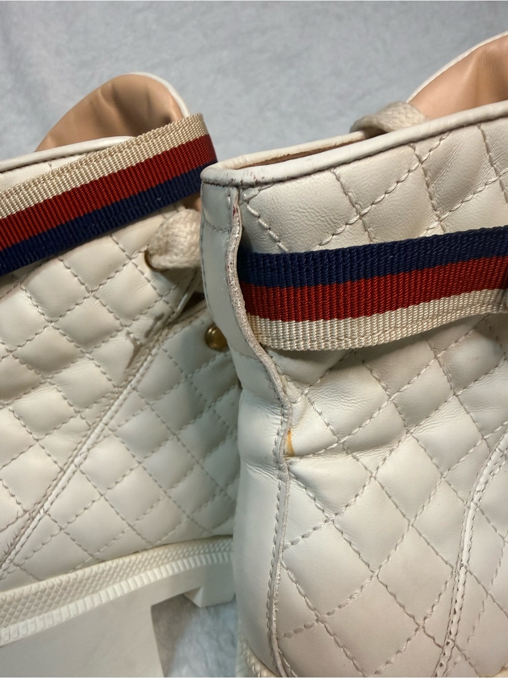 Gucci White Quilted Lace-Up Platform Ankle Boots with Red and Blue Stripe - Picture 16 of 16